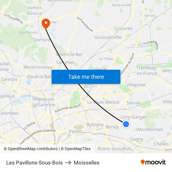 Les Pavillons-Sous-Bois to Moisselles map