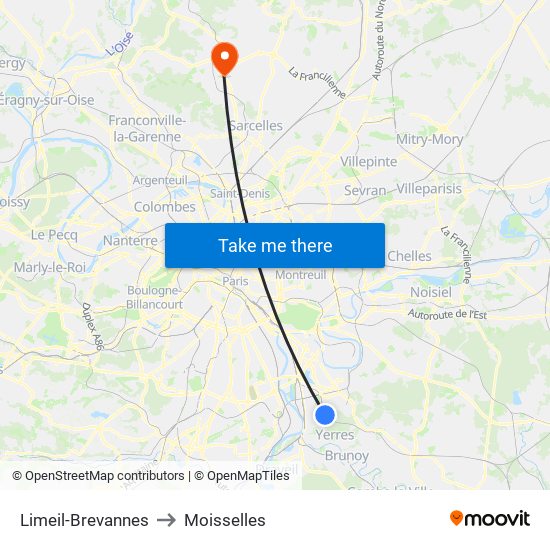 Limeil-Brevannes to Moisselles map