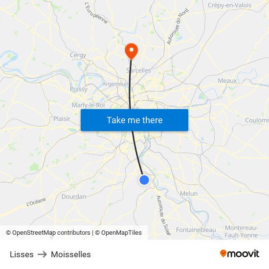 Lisses to Moisselles map