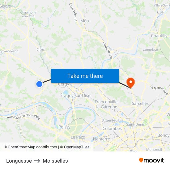 Longuesse to Moisselles map