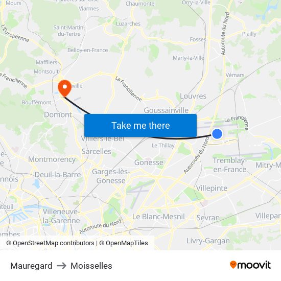 Mauregard to Moisselles map
