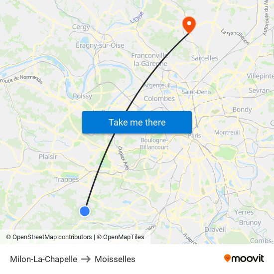 Milon-La-Chapelle to Moisselles map
