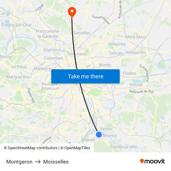 Montgeron to Moisselles map