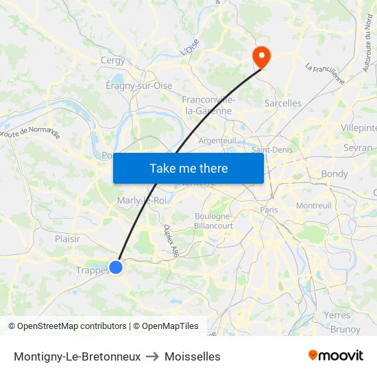 Montigny-Le-Bretonneux to Moisselles map