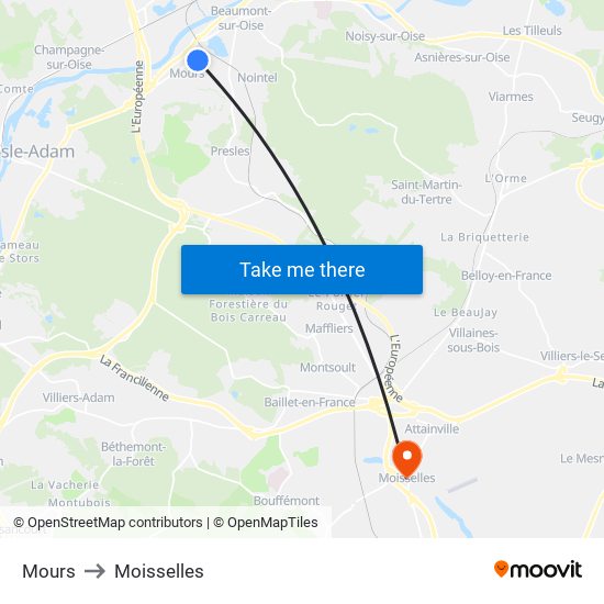 Mours to Moisselles map
