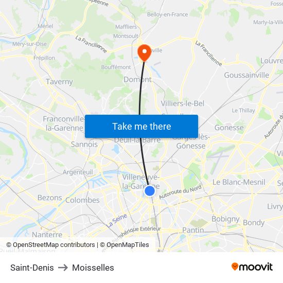 Saint-Denis to Moisselles map