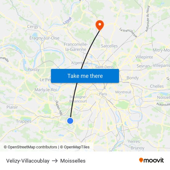 Velizy-Villacoublay to Moisselles map