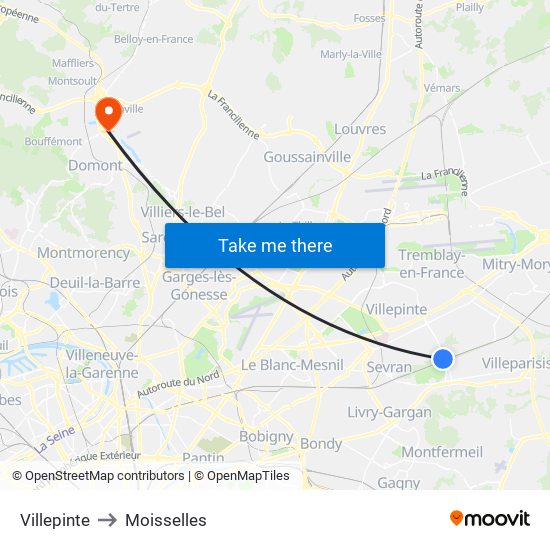 Villepinte to Moisselles map