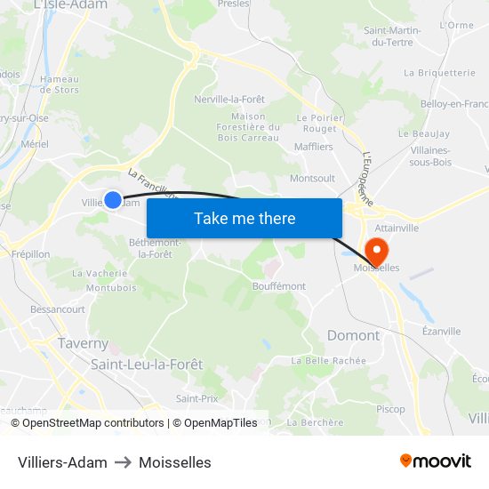 Villiers-Adam to Moisselles map