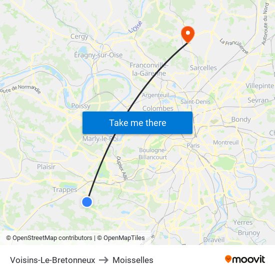 Voisins-Le-Bretonneux to Moisselles map