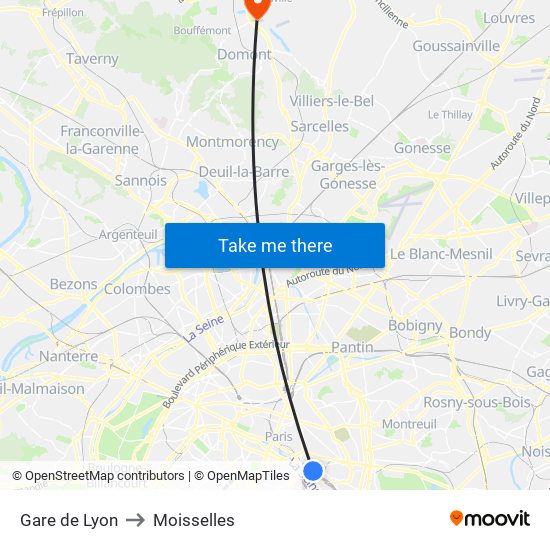 Gare de Lyon to Moisselles map