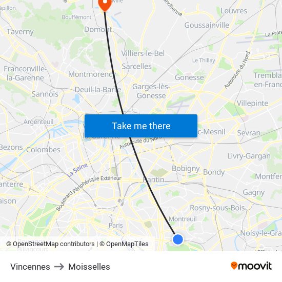 Vincennes to Moisselles map