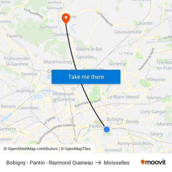 Bobigny - Pantin - Raymond Queneau to Moisselles map