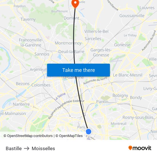 Bastille to Moisselles map