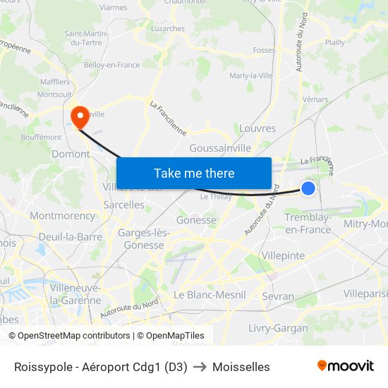 Roissypole - Aéroport Cdg1 (D3) to Moisselles map