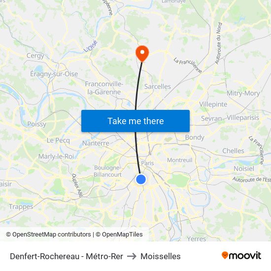 Denfert-Rochereau - Métro-Rer to Moisselles map