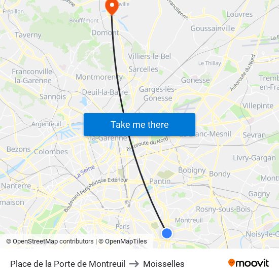 Place de la Porte de Montreuil to Moisselles map