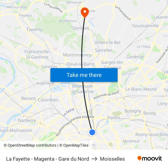 La Fayette - Magenta - Gare du Nord to Moisselles map