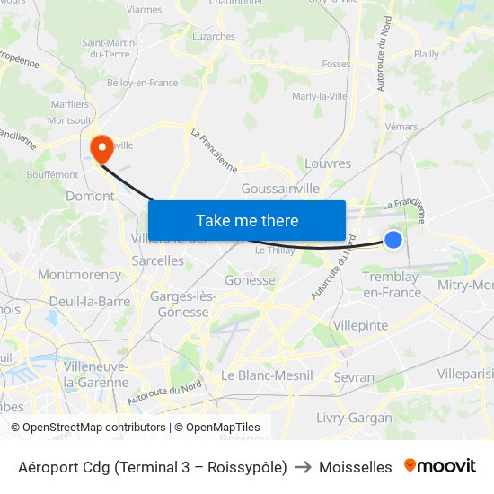 Aéroport Cdg (Terminal 3 – Roissypôle) to Moisselles map