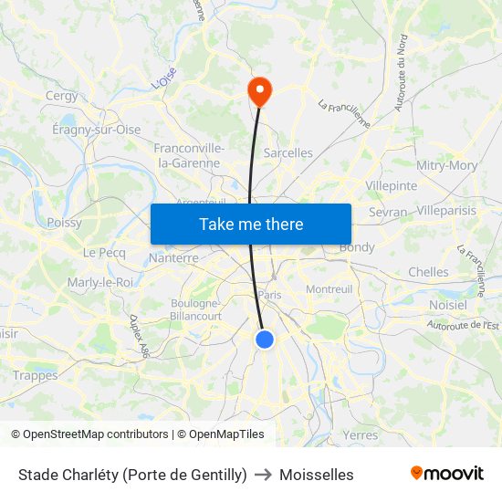 Stade Charléty (Porte de Gentilly) to Moisselles map