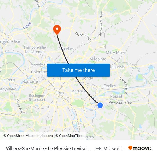 Villiers-Sur-Marne - Le Plessis-Trévise RER to Moisselles map