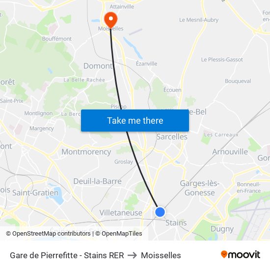 Gare de Pierrefitte - Stains RER to Moisselles map
