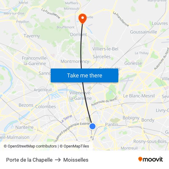 Porte de la Chapelle to Moisselles map