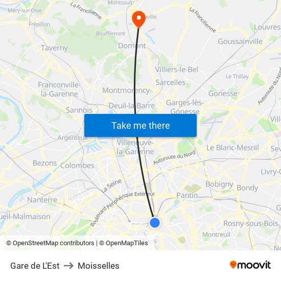 Gare de L'Est to Moisselles map