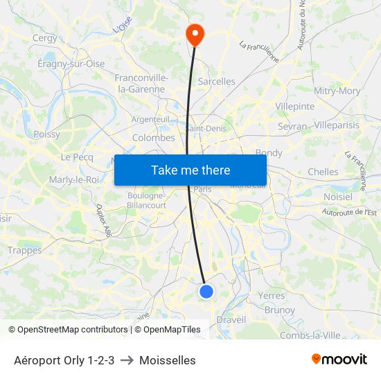 Aéroport Orly 1-2-3 to Moisselles map