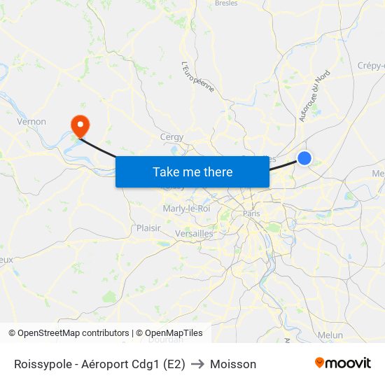 Roissypole - Aéroport Cdg1 (E2) to Moisson map