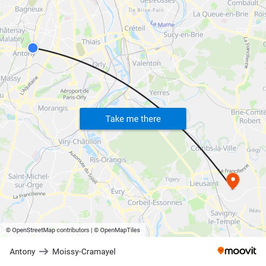 Antony to Moissy-Cramayel map