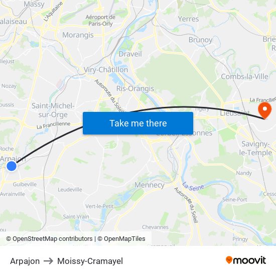 Arpajon to Moissy-Cramayel map