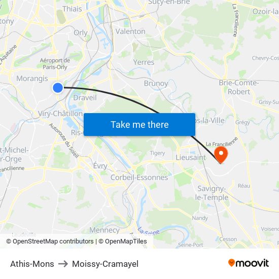 Athis-Mons to Moissy-Cramayel map