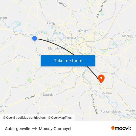 Aubergenville to Moissy-Cramayel map