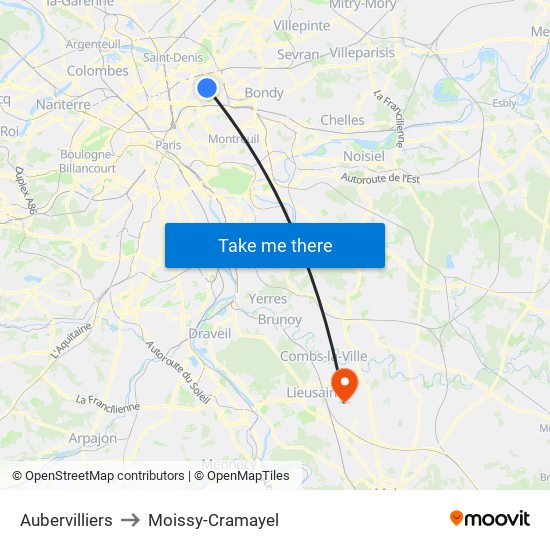 Aubervilliers to Moissy-Cramayel map