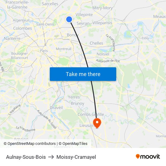 Aulnay-Sous-Bois to Moissy-Cramayel map