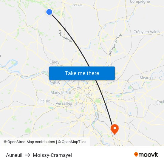 Auneuil to Moissy-Cramayel map