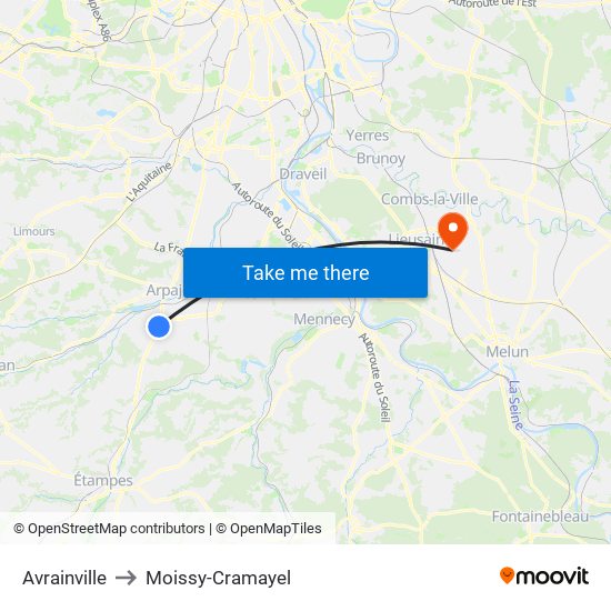 Avrainville to Moissy-Cramayel map