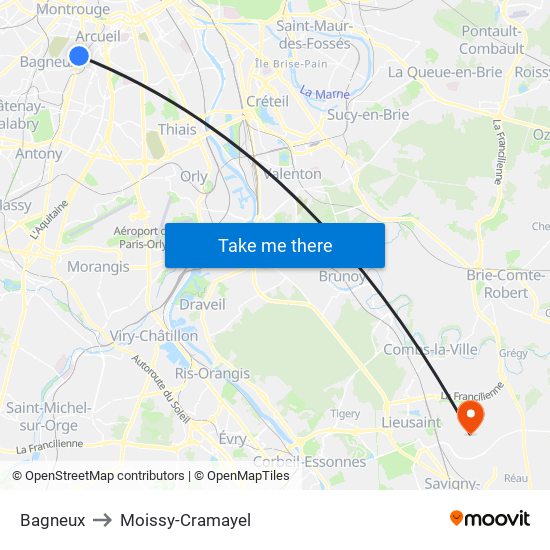 Bagneux to Moissy-Cramayel map