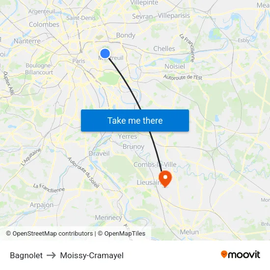Bagnolet to Moissy-Cramayel map