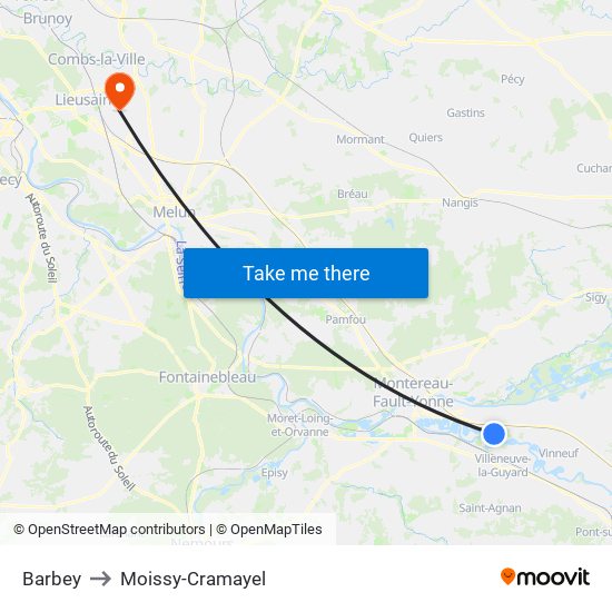 Barbey to Moissy-Cramayel map