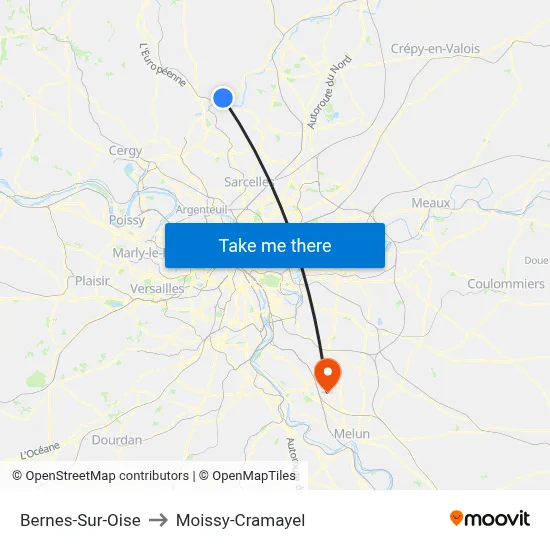 Bernes-Sur-Oise to Moissy-Cramayel map