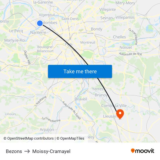 Bezons to Moissy-Cramayel map