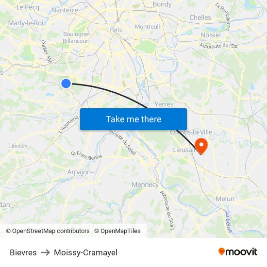 Bievres to Moissy-Cramayel map