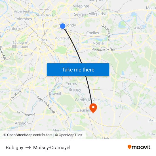 Bobigny to Moissy-Cramayel map
