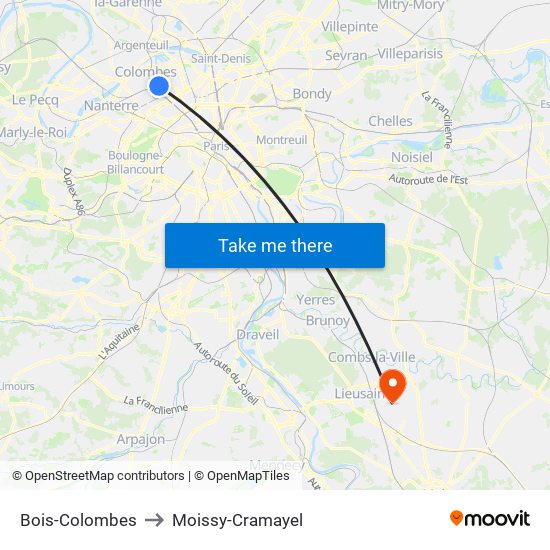 Bois-Colombes to Moissy-Cramayel map