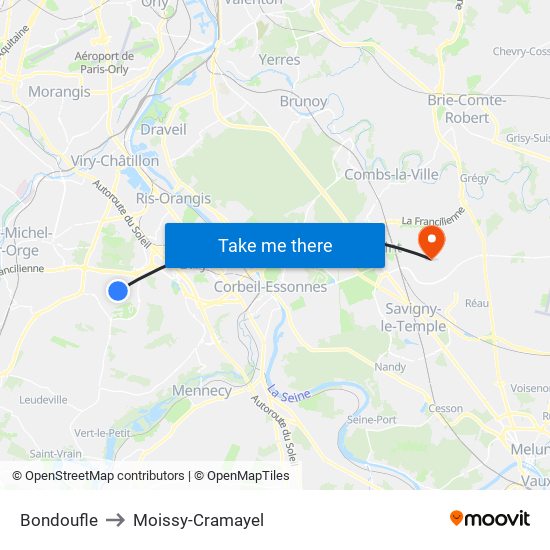 Bondoufle to Moissy-Cramayel map