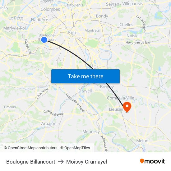 Boulogne-Billancourt to Moissy-Cramayel map
