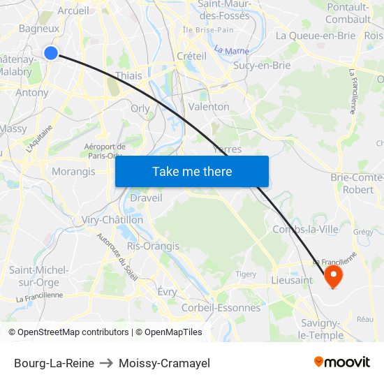 Bourg-La-Reine to Moissy-Cramayel map