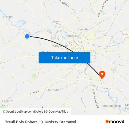 Breuil-Bois-Robert to Moissy-Cramayel map